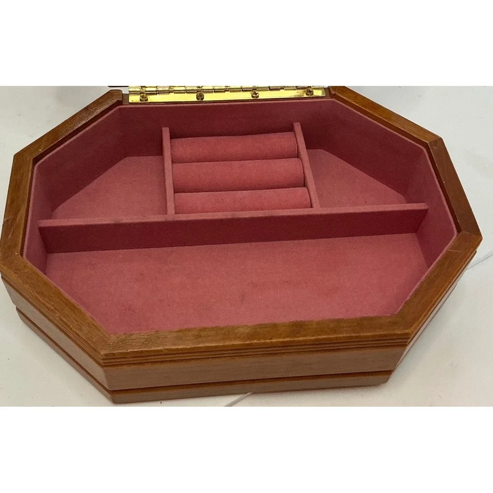 Vintage Wooden Jewelry Box Etched Glass Floral Lid Octagonal Brown